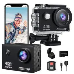Produktbild: Yolansin 4K30FPS Action Cam mit 64GB SD Karte, Pre-Recording 20MP Unterwasserkamera, 131FT wasserdichte Action Kameras, Sport Kamera mit 2.4G Fernbedienung, 2 Batterien Helm Zubehör Kit