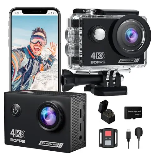 Produktbild: Yolansin 4K30FPS Action Cam mit 64GB SD Karte, Pre-Recording 20MP Unterwasserkamera, 131FT wasserdichte Action Kameras, Sport Kamera mit 2.4G Fernbedienung, 2 Batterien Helm Zubehör Kit