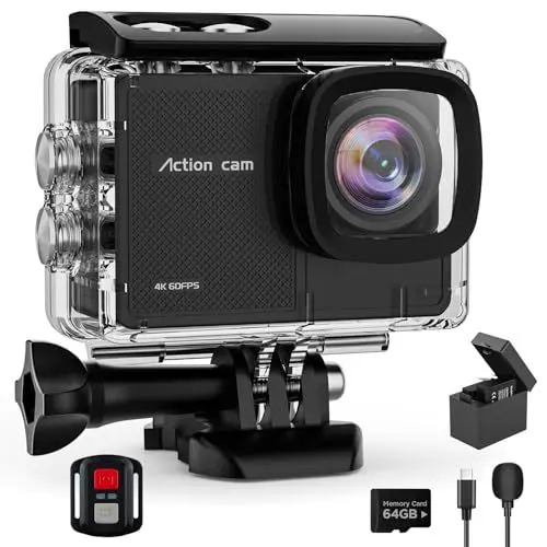 Produktbild: Yolansin 4K60fps Action Cam wasserdichte- 131ft/40m Unterwasserkamera EIS, WiFi Kamera 170°Winkel Sportkamera, HD 48MP Fahrradkamera mit 2.4G Fernbedienung 2 * 1350mAh Batterien & Helmzubehör Kit