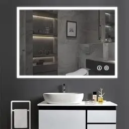 Produktbild: YOLEO Badspiegel mit Beleuchtung 80x60cm, Wandspiegel mit Steckdose, Badezimmerspiegel LED mit Touchschalter, 3 Lichtfarben dimmbar Warmweiß/Kaltweiß/Neutral