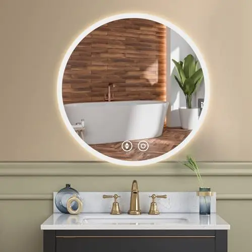 Produktbild: YOLEO Badspiegel rund mit Beleuchtung, LED Spiegel mit Touchschalter, Badezimmerspiegel LED Beschlagfrei, 3 stufenlos einstellbare Lichtfarbe, 50x50cm