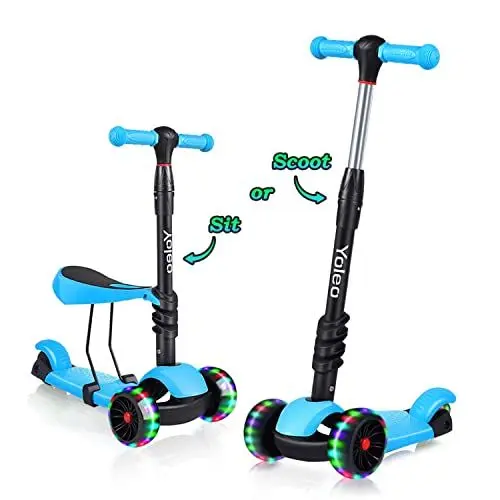 Produktbild: YOLEO 3-in-1 Kinder Roller Scooter mit Abnehmbarem Sitz, LED große Räder, Höheverstellbare Lenker für Kleinkinder Jungen Mädchen ab 2 Jahre (Blau)