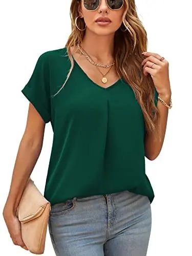 Produktbild: Yommay Damen Bluse Sommer Elegant V-Ausschnitt Tunika Shirt Oberteil Flowy Kurze Ärmel Chiffon Tops,Dunkelgrün,M