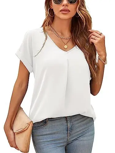 Produktbild: Yommay Damen Bluse Sommer Elegant V-Ausschnitt Tunika Shirt Oberteil Flowy Kurze Ärmel Chiffon Tops,Weiß,L