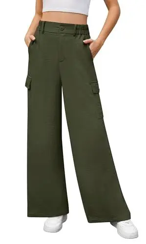 Produktbild: Yommay Damen Hose High Waist Wide Leg Cargo Hose für Frauen Elegant Baggy Locker Sommer Hosen mit Taschen,Armee Grün,M