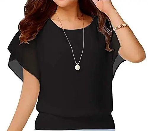 Produktbild: Yommay Damen Tops Sommer Locker Kurzarm Bluse Chiffon Elegante Leichte T-Shirts für Frauen Lässige Flowy Oberteile,Schwarz,L