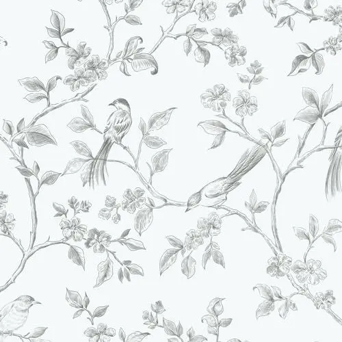 Produktbild: Yomshi Selbstklebende Tapete Vögel Blumen Tapeten Weiß Klebefolie Möbel Wasserdicht Vinyl Möbelfolie 41CMx3M Wandtapete für Schlafzimmer Wohnzimmer Küche