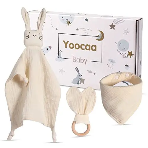Produktbild: Yoocaa Baby Geschenk zur Geburt Junge and Mädchen, Reiner Musselin Baumwolle Schmusetuch, Lätzchen und Beißring Geschenke zur Geburt (Beige)