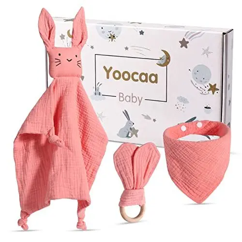 Produktbild: Yoocaa Baby Geschenk zur Geburt Junge and Mädchen, Reiner Musselin Baumwolle Schmusetuch, Lätzchen und Beißring Geschenke zur Geburt (Mint)