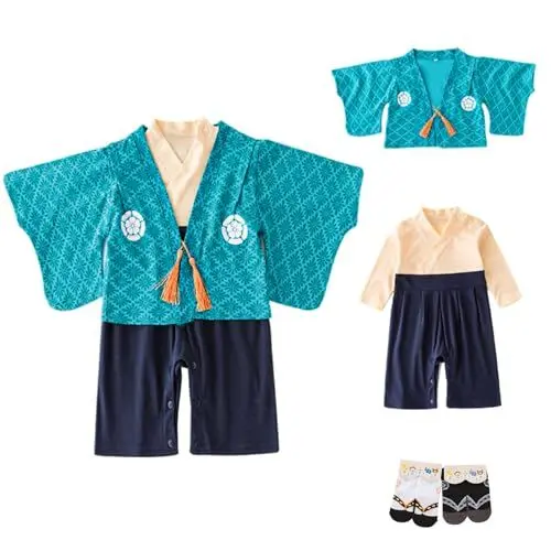 Produktbild: YOOCHUENG Baby Bodysuits Kimono Strampler Langarm Japanischer Baby Kimono Kleinkinder Onesies aus Baumwolle für Baby Jungen mit 2 Paar Socken,Blauer See,70(Passend für 9-12M)