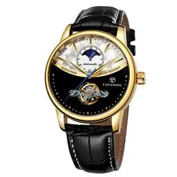 Produktbild: Yoodeet Echtes Leder Automatik Mechanische Armbanduhr Männer Edelstahl Skeleton Automatische Uhren für Männer Schwungrad Kalender Uhr Gold Schwarz