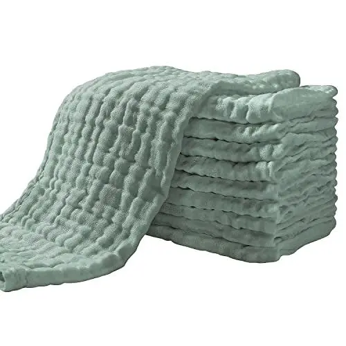 Produktbild: Yoofoss Mullwindeln Spucktücher 10er Stoffwindeln 27x50 cm Mulltücher 6 Lagig Saugstark Waschlappen 100% Baumwolle Tücher Faltwindeln für Baby Dunkelgrün