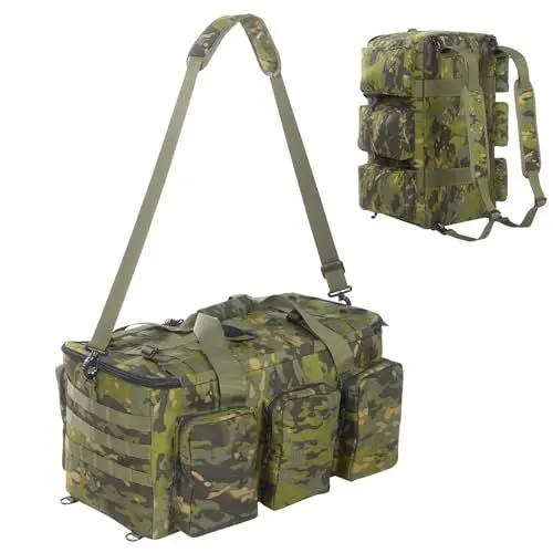 Produktbild: YOOJEY 55L Seesack Bundeswehr mit Rucksackfunktion für Herren – Militärische Reisetasche im Army-Stil für Reisen, Wochenendreise Camping Gym (Tarnung Grün)