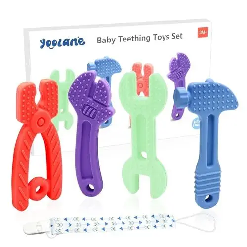 Produktbild: Yoolane® Beißring Baby (Original) Beißspielzeug aus Silikon - Werkzeug Beissring Kühlend, Zahnungshilfe BPA-frei | Spielzeug & Zubehör & Geschenke für 3+ Monate Kleinkind | 4 Stück