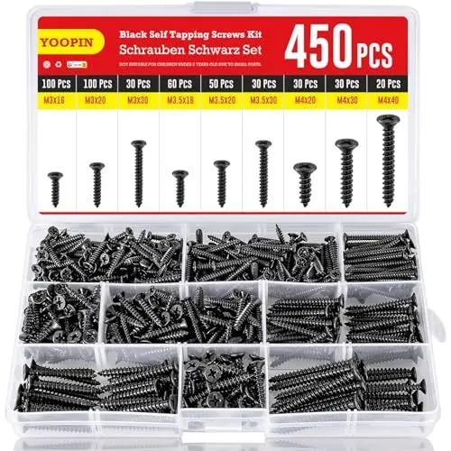 Produktbild: YOOPIN Schrauben Set 450 Stück, M3 M3.5 M5 Holzschrauben Set, Kohlenstoffstahl Schwarz Schrauben, Senkkopf Selbstschneidende Schrauben, Schnellbauschrauben, Gipskarton Schrauben für Reparatur