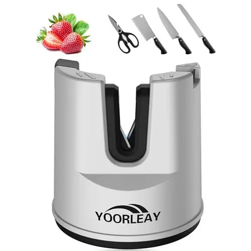 Produktbild: YOORLEAY Messerschärfer- Automatisch winkelverstellbarer Messerschärfer für Küchenmesser, Scheren, gerade und gezackte Messer, Multifunktional Saugnapf Gerät zum Schärfen von Messern, Silber