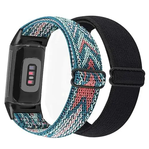 Produktbild: YOOSIDE 2PCS Elastischer Armbänder für Fitbit Charge 6 / Charge 5, Weiches Nylon-Armband mit dehnbarer Schlaufe Uhrenarmbänder mit verstellbarer Schnalle für Fitbit Charge 5 (Schwarz- Rosa Blau)