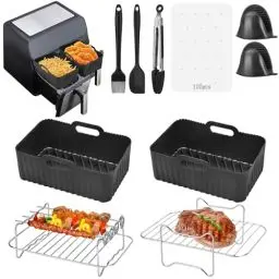 Produktbild: Yoowalar Heißluftfritteusen Zubehör, 10-Teiliges Airfryer Zubehör für Ninja Foodi AF300EU AF400EU & 7.6L-9.5L Dual Airfryer, Inklusive Silikoneinsatz, Fritteusengestelle, Silikonzange Usw, Schwarz