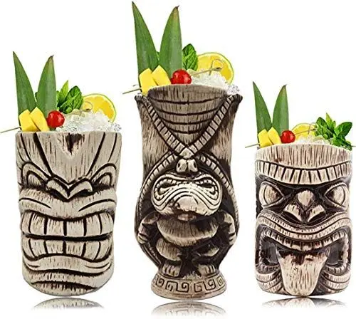 Produktbild: YooYuuk Tiki Becher Set Tiki Cocktail Gläser, Set Mit 3 Keramik-Tassen für Exotische Party,Tiki Bar, White
