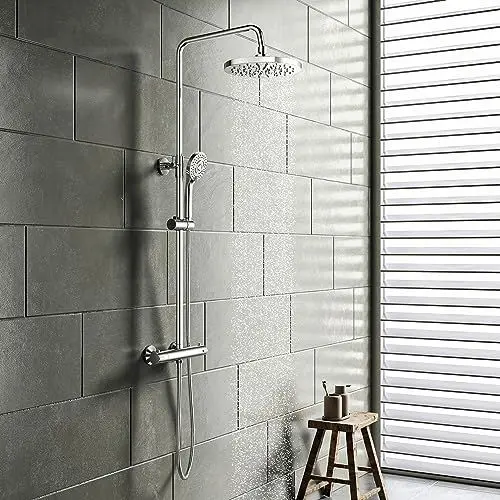 Produktbild: YOOZENA Duscharmatur Komplettset, Duschsystem（Duscharmatur mit Thermostat，Kopfbrause, Duschkopf mit Schlauch und Halterung）Regendusche mit armatur, Chrome