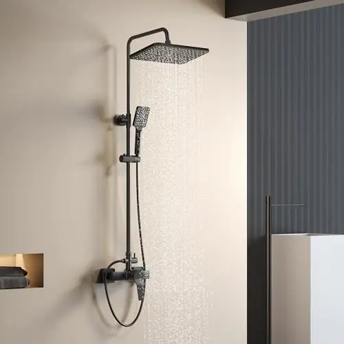 Produktbild: YOOZENA Duscharmatur Komplettset, Regendusche mit Armatur, Duscharmatur Schwarz, Duschsystem mit Regendusche, Duschkopf mit 3 Strahlarten, Duschstange