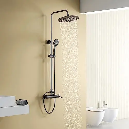 Produktbild: YOOZENA Duschsäule Schwarz, Duschsäule mit Wasserhahn, Regendusche 25 cm, Höhenverstellbar, Chrom, Rund, Dusche, Duschset