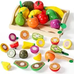 Produktbild: yoptote Kinderküche Spielküche Zubehör Holz Obst Gemüse Lebensmittel Holzspielzeug mit Klett Kaufladen Zubehör Küchenzubehör für Kinder Geschenk Spielzeug ab 2 Jahre Junge Mädchen
