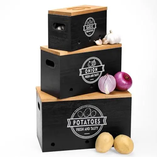 Produktbild: Yorbay Kartoffel Aufbewahrungsbox Holz 3er Set kartoffel aufbewahrung Knoblauch und Zwiebel Aufbewahrung, Kartoffel Vorratsdosen Set Kann Gemüse für eine Lange Zeit lagern (Schwarz)