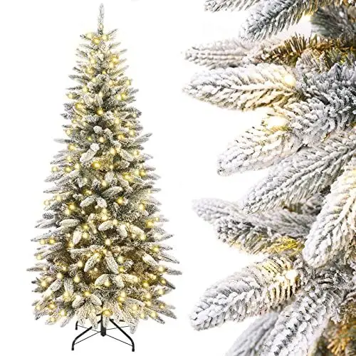 Produktbild: Yorbay Künstlicher Weihnachtsbaum Slim mit Beleuchtung LED Tannenbaum für Weihnachten-Dekoration, Schneebeflockt, Schmal, Weiß, 180cm
