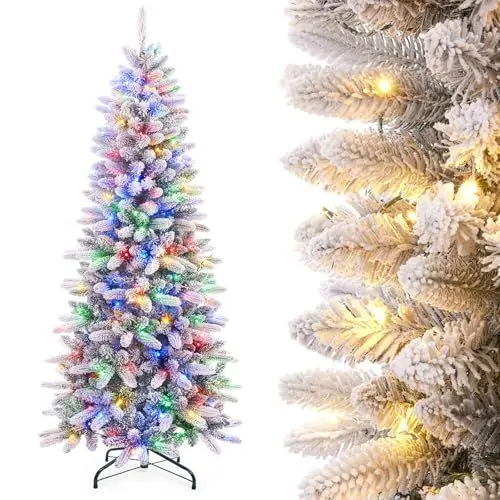 Produktbild: Yorbay Künstlicher Weihnachtsbaum Slim mit Beleuchtung LED Tannenbaum für Weihnachten-Dekoration, Schneebeflockt, Schmal, Weiß (Aufrüstungsmodell 180 cm)