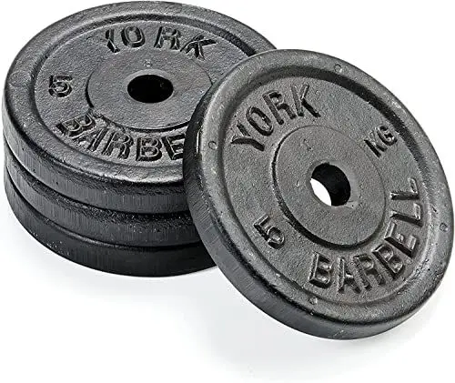 Produktbild: York Fitness 4 x 5 kg Hantelscheiben. Hochwertige Gusseisenplatten für Krafttraining und Muskelaufbau. Langlebig und vielseitig für das Fitnessstudio, 1-Zoll-Mittelloch in der Platte