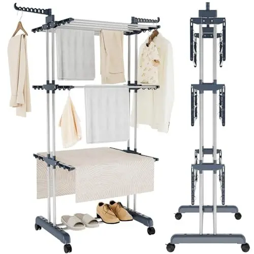 Produktbild: YORKING 4-lagiger Wäscheständer mit Großer Kapazität, Faltbarer Wäschetrockner Gestell, Rollen und Robuster Konstruktion - Indoor Outdoor Wäscheaufhänger