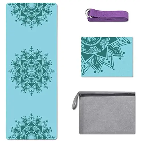 Produktbild: YOSHAWN Yogamatte- 1mm Faltbare Reise Yoga Matte Rutschfest Dünne Gymnastikmatte, Muster Design Umweltfreundlich Langlebig Licht Wildlederimitat Yoga Mate für Pilates mit Tragetasche Tragegurt (Blau)