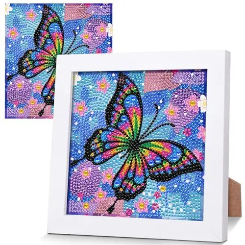 Produktbild: yosiio Diamond Painting Bilder Kinder, Diamond Painting Schmetterling mit Plastikrahmen, DIY Diamant Malerei Set für Kinder Erwachsene, Wohnzimmer Schlafzimmer Büro Wand und Eingang Dekoration18x18 cm