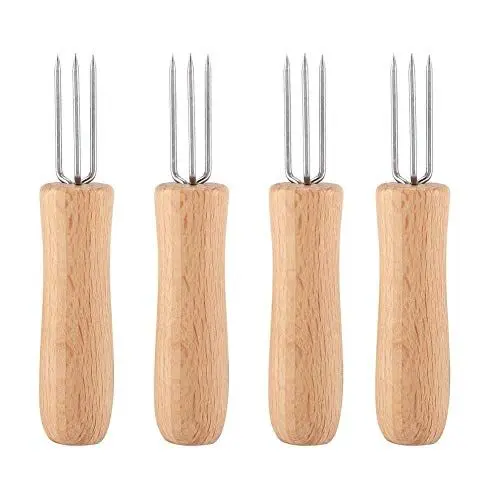 Produktbild: Maiskolbenhalter, Mais Halter Edelstahl Maiskolben Spieße 4 Stücke kleinen Spiele Maiskolbenhalter Holzgriff Edelstahl BBQ Fleisch Obst Gabeln Grill Maiskolben Halter
