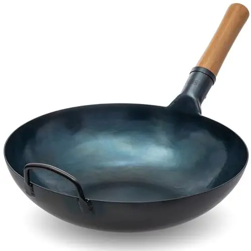 Produktbild: YOSUKATA Karbonstahl Woks & Wokpfannen (34 cm) - Voreingebrannter Wok Pfanne Karbonstahl Flacher Boden - Traditionell Wok für Induktionsherd - Kompatibel mit Gas- Elektroherden Induktion Feuer (Blau)