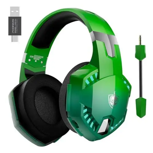 Produktbild: YOTMS Kabelloses Gaming Headset für PS5, PS4, PC, Switch - 7.1 Surround Sound, Abnehmbares Mikrofon, 2,4 GHz & 3,5 mm Kabel - Over-Ear, Low Latency, LED (Elektrisches Grün)