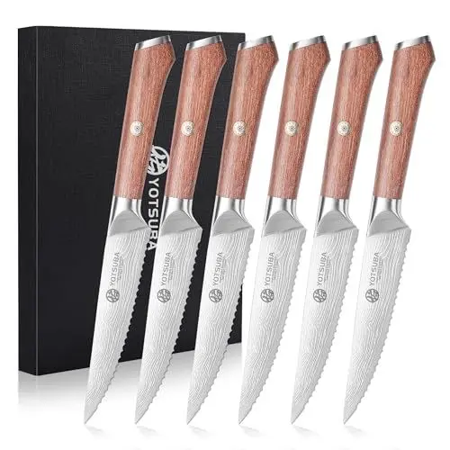 Produktbild: YOTSUBA Steakmesser Set 6-teilig, 12cm Küchen Steakbesteck Messer aus hochwertiger Deutscher Edelstahl, ultrascharfe Gezahnte Steak Küchenmesser und ergonomischer Holzgriff, Tafelmesser Geschenkbox