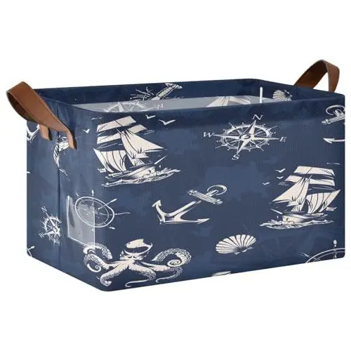 Produktbild: YOUJUNER Große Aufbewahrungskörbe, marineblau, Anker, Segelboot, Kompass, faltbare Aufbewahrungsbox für Kinder, Organizer mit Griffen für die Organisation von Spielzeug, Kleidung, Büro