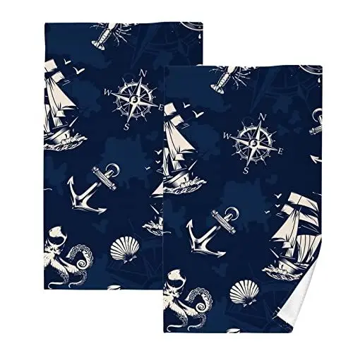Produktbild: YOUJUNER Handtuch-Set 2er-Pack Marine-Anker-Segelboot 100% Baumwolle Handtücher Weich Saugstark Baumwolle Duschtücher Gästetücher Dekor Handtücher