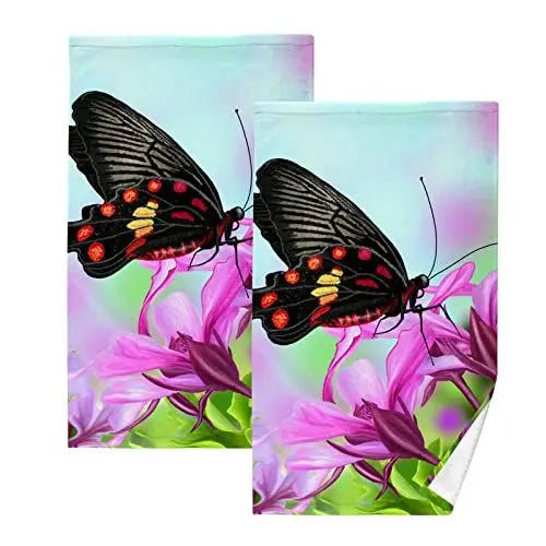 Produktbild: YOUJUNER Handtuch-Set 2er-Pack Schmetterling Blumen Blume 100% Baumwolle Handtücher Weich Saugstark Baumwolle Duschtücher Gästetücher Dekor Handtücher