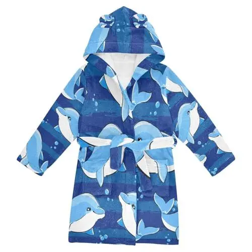 Produktbild: YOUJUNER Kinder-Bademantel mit Kapuze, blauer Delfin, Meeresfisch, für Mädchen und Jungen, weicher Plüsch, Nachtwäsche, saugfähig, Schlafanzug, Nachthemd, mehrfarbig, 7-9 Years