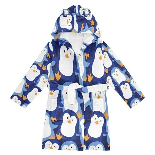 Produktbild: YOUJUNER Kinder-Bademantel mit Kapuze, niedliches Pinguin-Muster, für Mädchen und Jungen, weicher Plüsch, Nachtwäsche, saugfähig, Pyjama, Nachthemd, mehrfarbig, 4-6 Years
