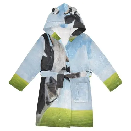 Produktbild: YOUJUNER Kinder Bademantel 3D-Tier-Kuh-Gesicht Morgenmantel Weicher Warm Plüsch Fleece Nachtwäsche mit Kapuze für Mädchen Jungen