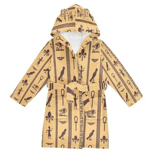 Produktbild: YOUJUNER Kinder Bademantel Altägyptische Hieroglyphen Morgenmantel Weicher Warm Plüsch Fleece Nachtwäsche mit Kapuze für Mädchen Jungen