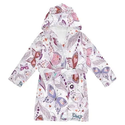 Produktbild: YOUJUNER Kinder Bademantel Blumen-Schmetterling Morgenmantel Weicher Warm Plüsch Fleece Nachtwäsche mit Kapuze für Mädchen Jungen