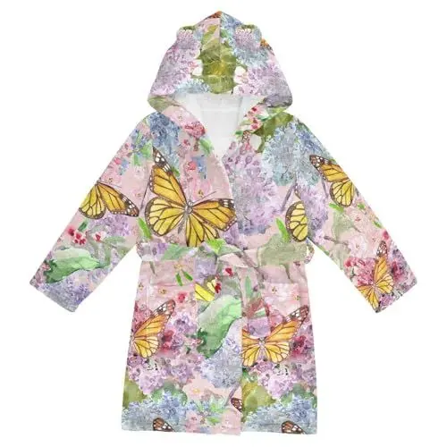 Produktbild: YOUJUNER Kinder Bademantel Blumenschmetterlings-Blume Morgenmantel Weicher Warm Plüsch Fleece Nachtwäsche mit Kapuze für Mädchen Jungen