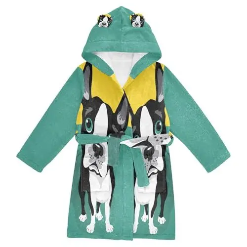 Produktbild: YOUJUNER Kinder Bademantel Boston-Terrier-Hund Morgenmantel Weicher Warm Plüsch Fleece Nachtwäsche mit Kapuze für Mädchen Jungen