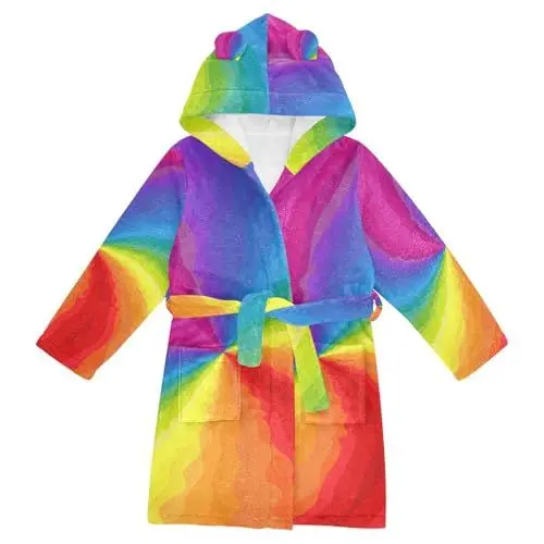 Produktbild: YOUJUNER Kinder Bademantel Bunter abstrakter Regenbogen Morgenmantel Weicher Warm Plüsch Fleece Nachtwäsche mit Kapuze für Mädchen Jungen