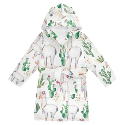 Produktbild: YOUJUNER Kinder Bademantel Cute Lama-Kaktus-Muster Morgenmantel Weicher Warm Plüsch Fleece Nachtwäsche mit Kapuze für Mädchen Jungen